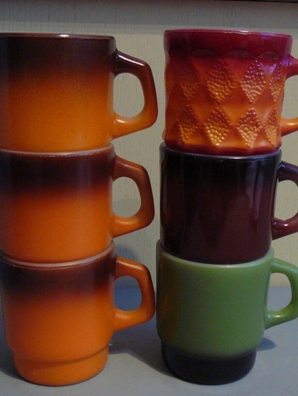 6 Anchor Hocking Fire King Stacking Fade,Kimberly Mugs Cups